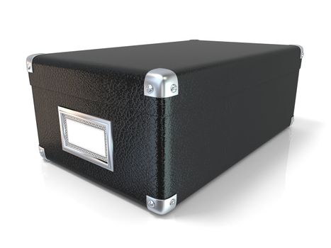 Black leather closed box, with chrome corners and blank label. Side view. 3D render illustration isolated on white background