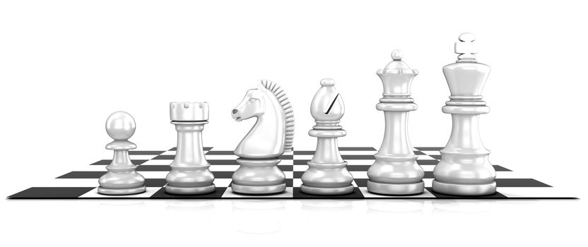 Chess white pieces, standing on board. Isolated on white background