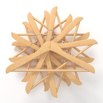 Wooden hangers, star arranged. 3D render illustration isolated on white background