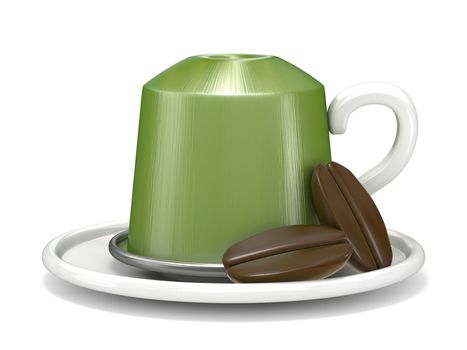 Green coffee capsule with two coffee beans. 3D render, isolated on white background