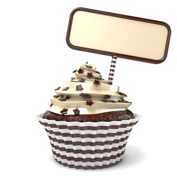 Chocolate cupcake and blank board. 3D render illustration isolated on white background