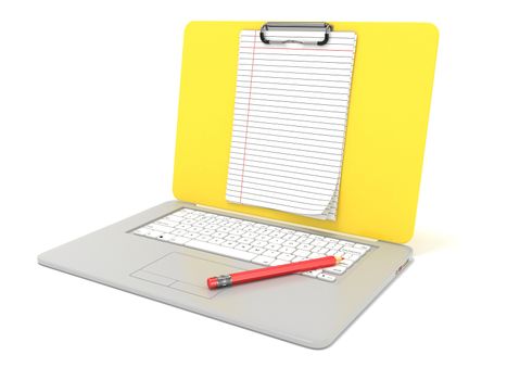 Blank clipboard lined paper on laptop. Side view. 3D render illustration isolated on white background