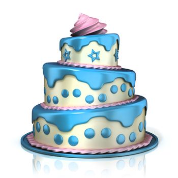 Three floor cake 3D rendering isolated on white background. Blue, pink and white cream