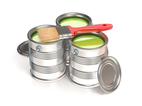 Metal tin cans with green paint and paintbrush. 3D render illustration isolated on white background