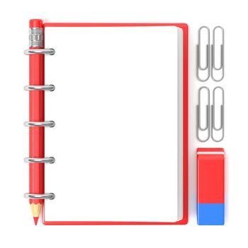 Blank notepad, pencil, rubber and paperclips. 3D render illustration isolated on white background