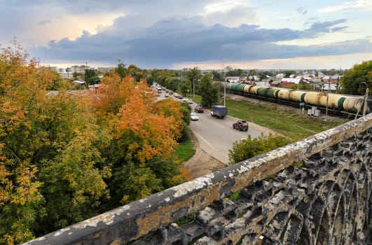 The view from the bridge in Dimitrovgrad, the city and the railroad