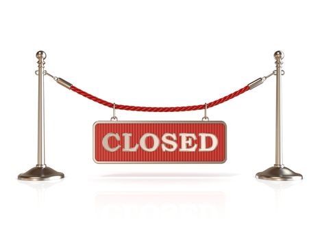 Velvet rope barrier, with CLOSED sign. 3D render isolated on white background