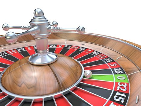 Roulette wheel. 3D render illustration isolated on white background. Detail on zero green pocket
