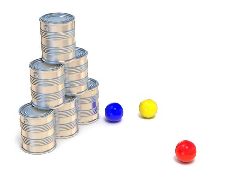 Tin cans and three balls. Side view. 3D illustration isolated on white background