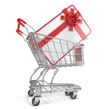 Gift card with blank space for text and shopping cart. 3D render illustration isolated on white background
