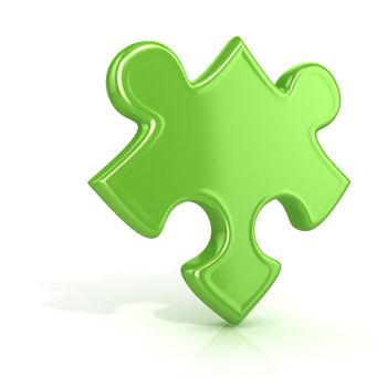 Single, green, standing jigsaw puzzle piece. 3D render icon isolated on white background. Unusual angle