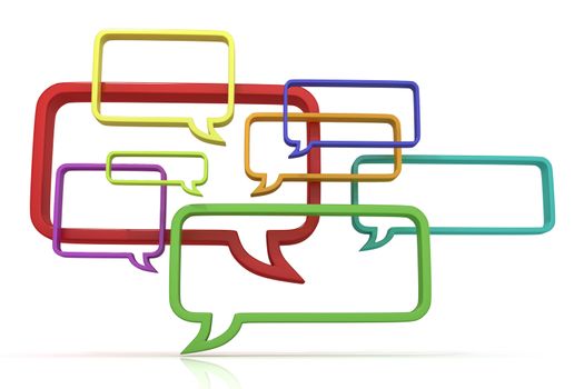 Conceptual 3D illustration of speech bubbles, isolated on white background. Front view