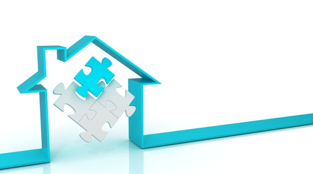 Ribbon house 3D, with puzzle inside, isolated on white background. Cyan