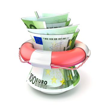 Red lifebuoy saving money, roll euro. 3D render illustration isolated on white background