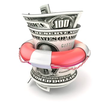 Red lifebuoy saving money, roll dollars. 3D render illustration isolated on white background