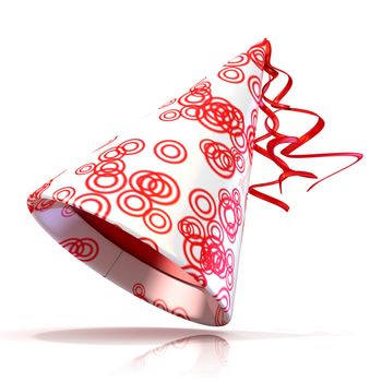 Party hat. 3D illustration of red hat with circle pattern.