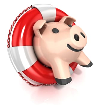 Piggy bank with lifebuoy. Isolated on white. Side view