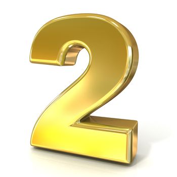 Numerical digits collection, 2 - TWO. 3D golden sign isolated on white background. Render illustration.