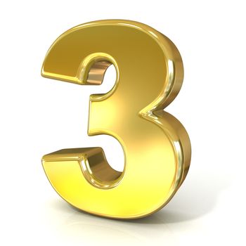 Numerical digits collection, 3 - THREE. 3D golden sign isolated on white background. Render illustration.