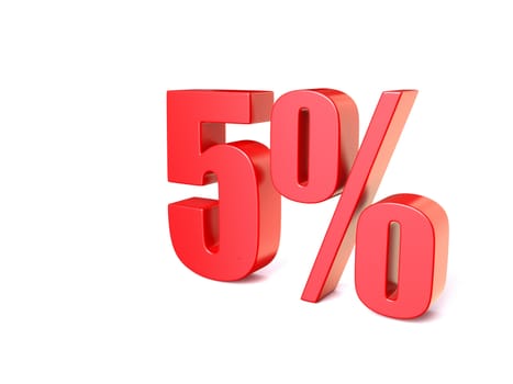 Red percentage sign 5. 3D render illustration isolated on white background