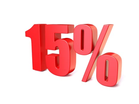 Red percentage sign 15. 3D render illustration isolated on white background