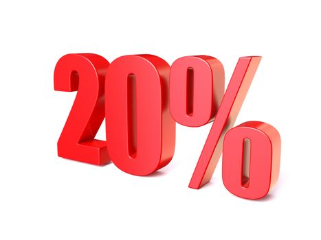 Red percentage sign 20. 3D render illustration isolated on white background