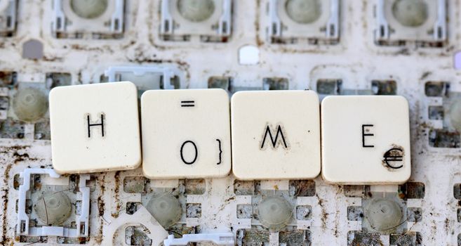 A close view of some keys on a dirty, yellowed keyboard.text home