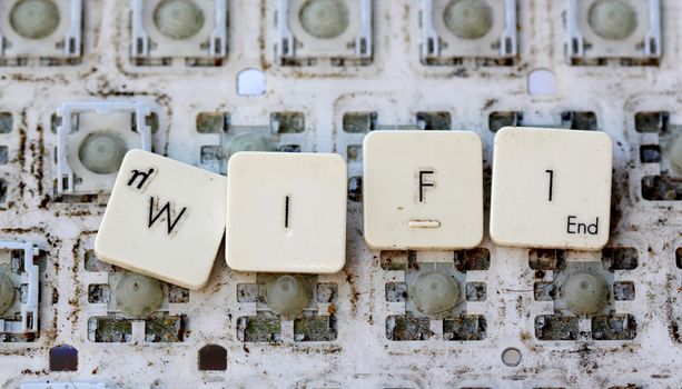 A close view of some keys on a dirty, yellowed keyboard.