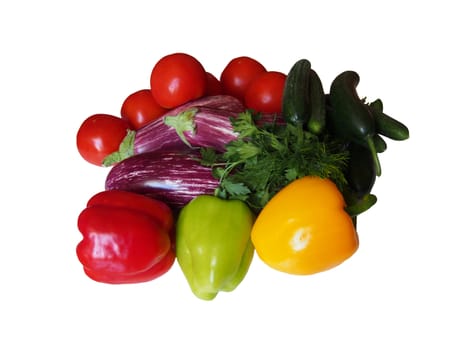 Harvest vegetables, tomatoes, cucumbers, peppers, eggplant and other vegetables. Food still life