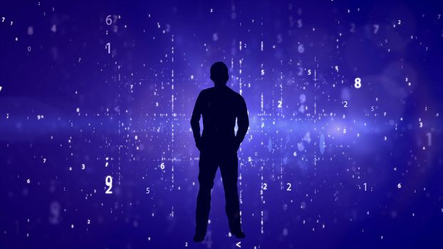 Silhouette of man on matrix effect background.