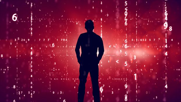 Silhouette and falling digits on red background. Internet Business concept.