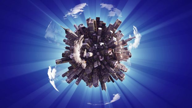 3D rendering of big city on small planet