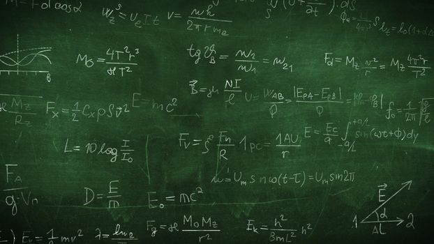 Physical formulas and drawings on a chalkboard. Illustration.