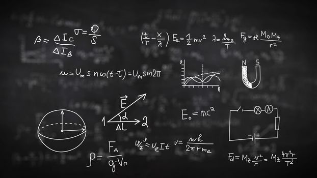 Back to school. Physical formulas on black background. 