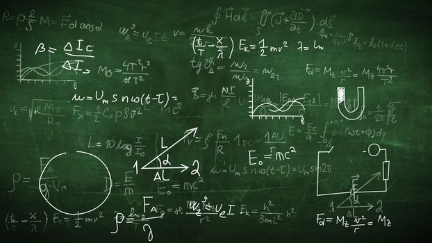 2D illustration of physical formulas, tasks, plots on a chalkboard.