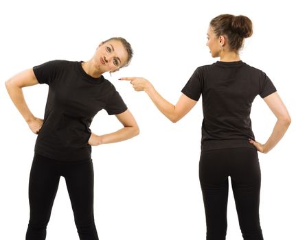 Photo of a woman posing with a blank black t-shirt, ready for your artwork or design.