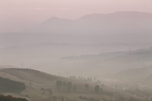 November foggy morning in Carpathian mountains.