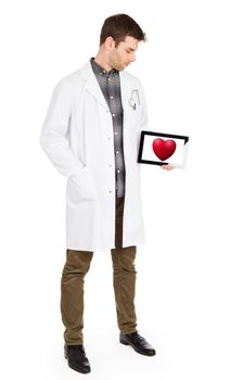 Doctor holding tablet, isolated on white - Red heart