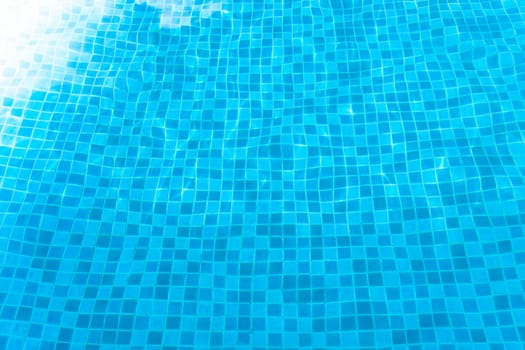 Blue tiled swimming pool background. View from eye.