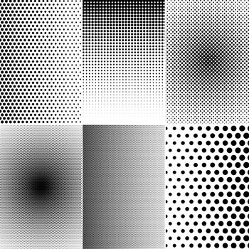 Set of basic halftone dots effects in black and white color. Dots halftones collage.