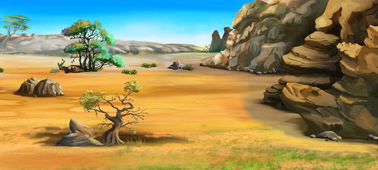 Digital Painting, Illustration of a African landscape with trees near the mountains. Cartoon Style Character, Fairy Tale  Story Background.