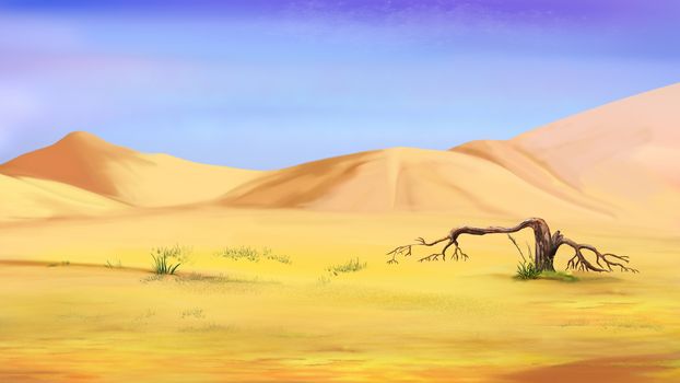 Digital Painting, Illustration of a small dried tree in the desert. Cartoon Style Character, Fairy Tale Story Background