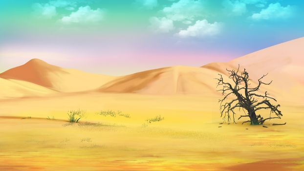 Digital Painting, Illustration of a dried tree in the hot desert. Cartoon Style Character, Fairy Tale Story Background.