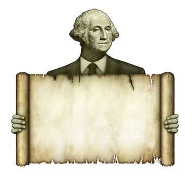 Illustration of a blank scroll being held by George Washington from the one dollar bill.