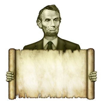 Illustration of a blank scroll being held by Abraham Lincoln from the five dollar bill.