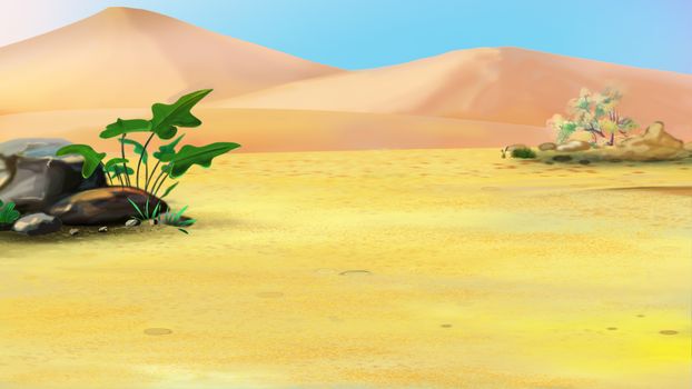 Digital Painting, Illustration of a Lonely Plant in a Desert. Cartoon Style Artwork Scene, Story Background.