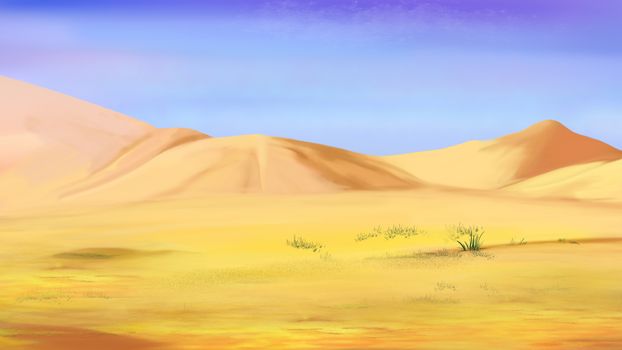 Digital Painting, Illustration of the Sand dunes under a blue sky in a desert.  Cartoon Style Character, Fairy Tale Story Background.