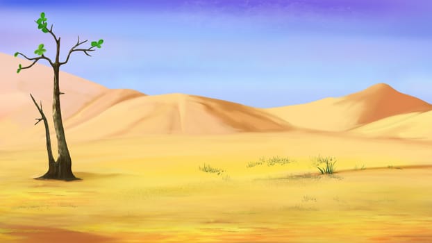Digital Painting, Illustration of a Small Lonely Tree in a Desert  in a hot summer day. Cartoon Style Character, Fairy Tale Story Background.