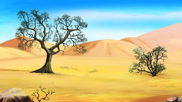 Digital Painting, Illustration of a trees on the edge of the desert. Cartoon Style Character, Fairy Tale Story Background.