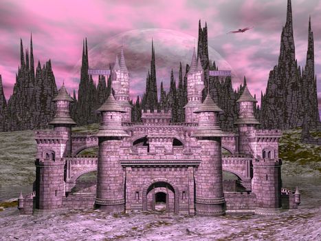 Beautiful detailed castle in front of big moon by pink night - 3D render